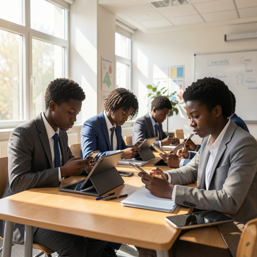 Students in school uniform revising on tablets and phones at their desks