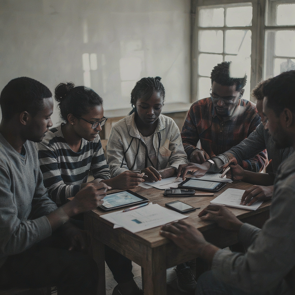 A study group working through notes and tablets together around a table
