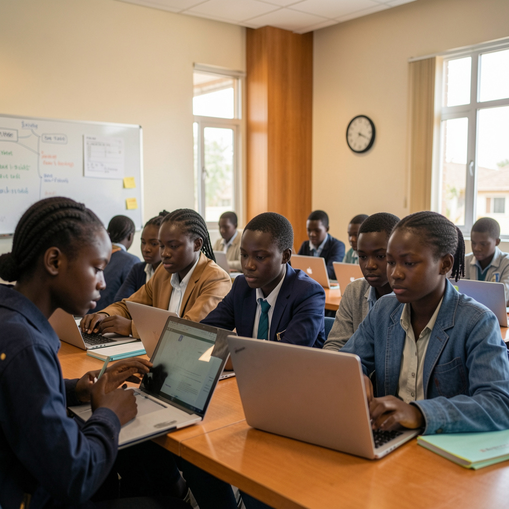 Zimbabwean secondary school students studying on laptops in a bright classroom